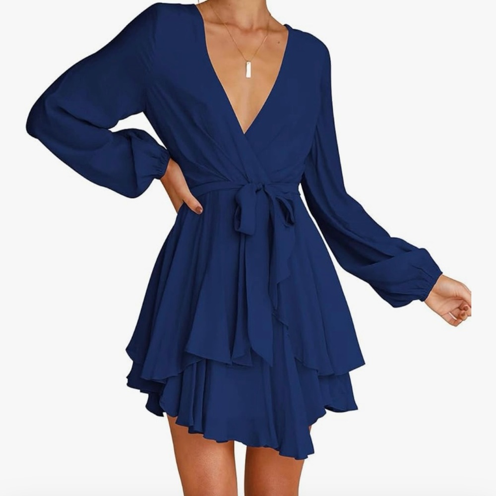 Cosonsen - Navy Blue V-Neck Dress Medium - elegant * night on the town
